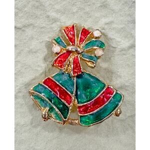 Vintage Enamel Christmas Bells Pin Brooch Red Green Gold Bow Holiday CP22